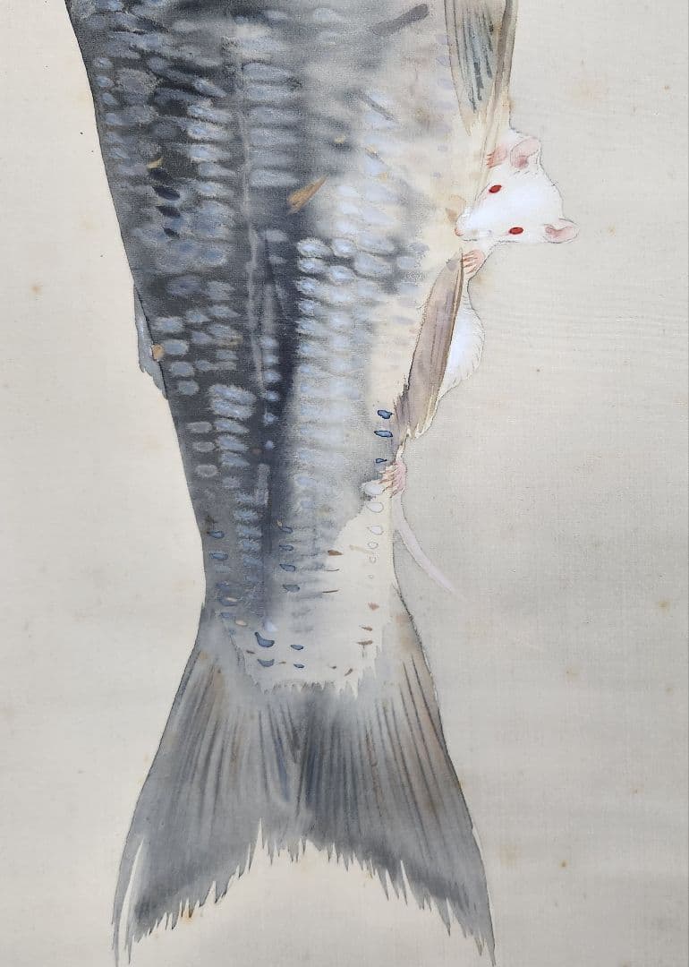 【鮭の寒風干しに鼠】熊田耕風 2673 サケとネズミ 共箱 掛け軸 肉筆