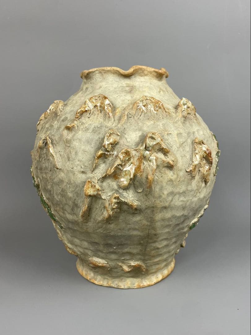 古鍋島 花瓶 青緑山水浮彫 細密細工 飾壺 銘工 在銘 作家物