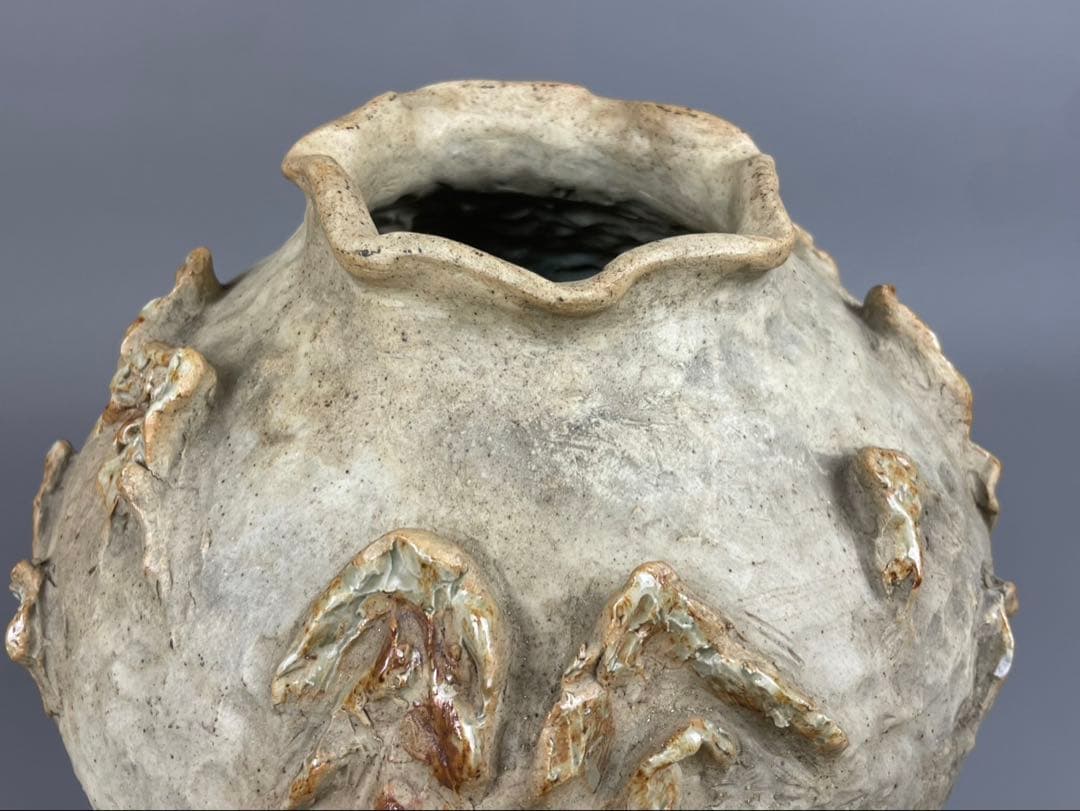 古鍋島 花瓶 青緑山水浮彫 細密細工 飾壺 銘工 在銘 作家物