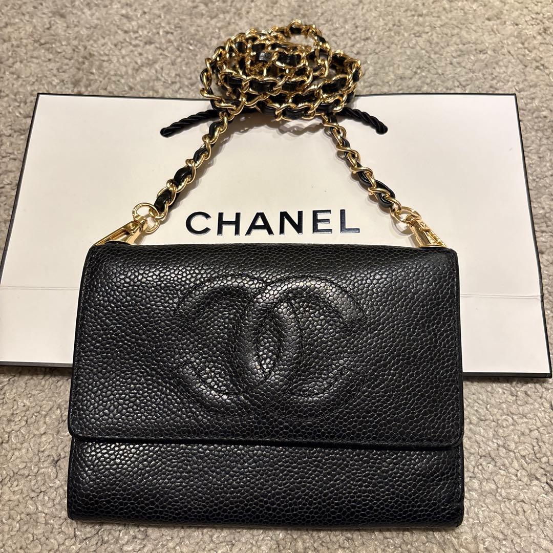 【CHANEL】シャネル　キャビアスキン　三つ折り財布　チェーンウォレット