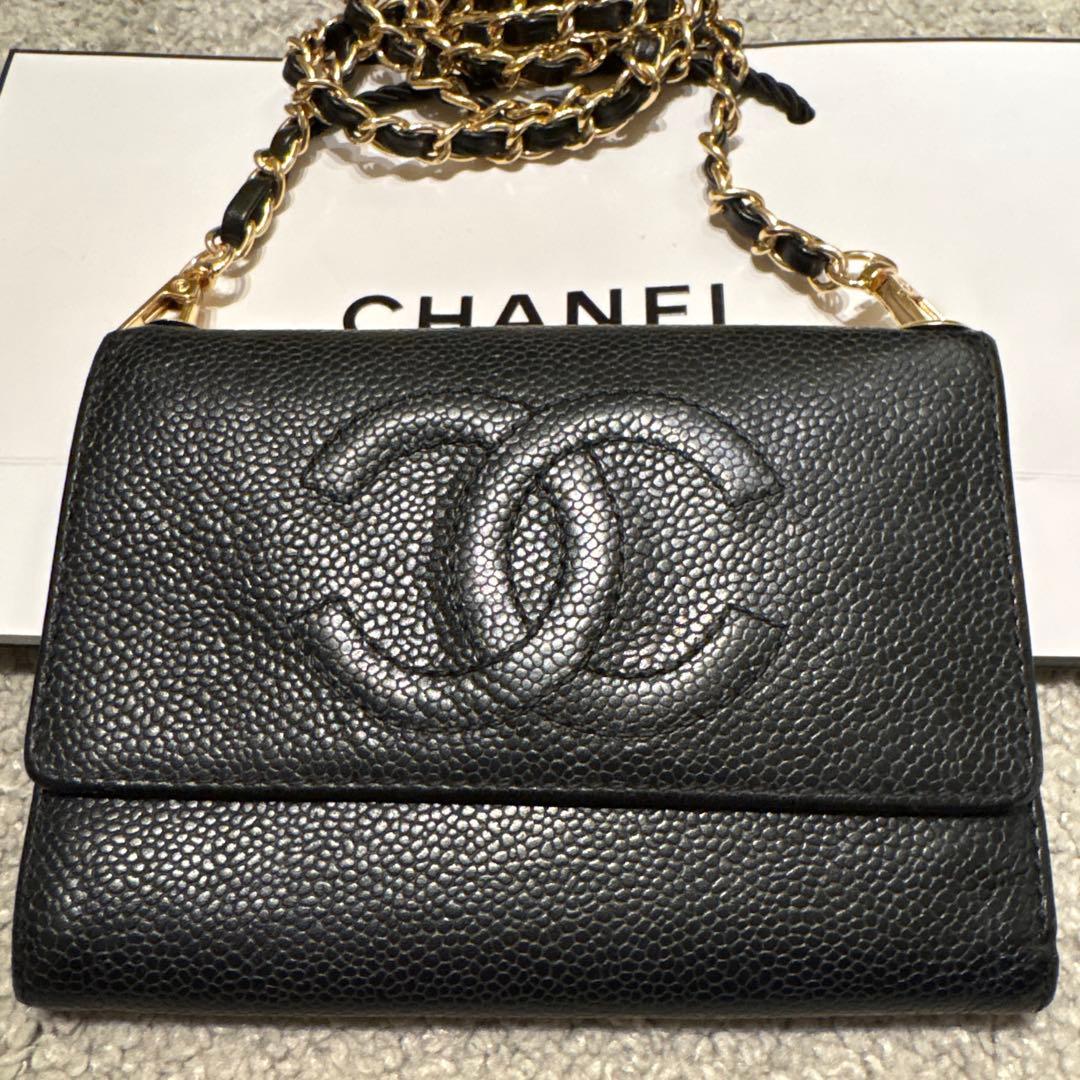 【CHANEL】シャネル　キャビアスキン　三つ折り財布　チェーンウォレット