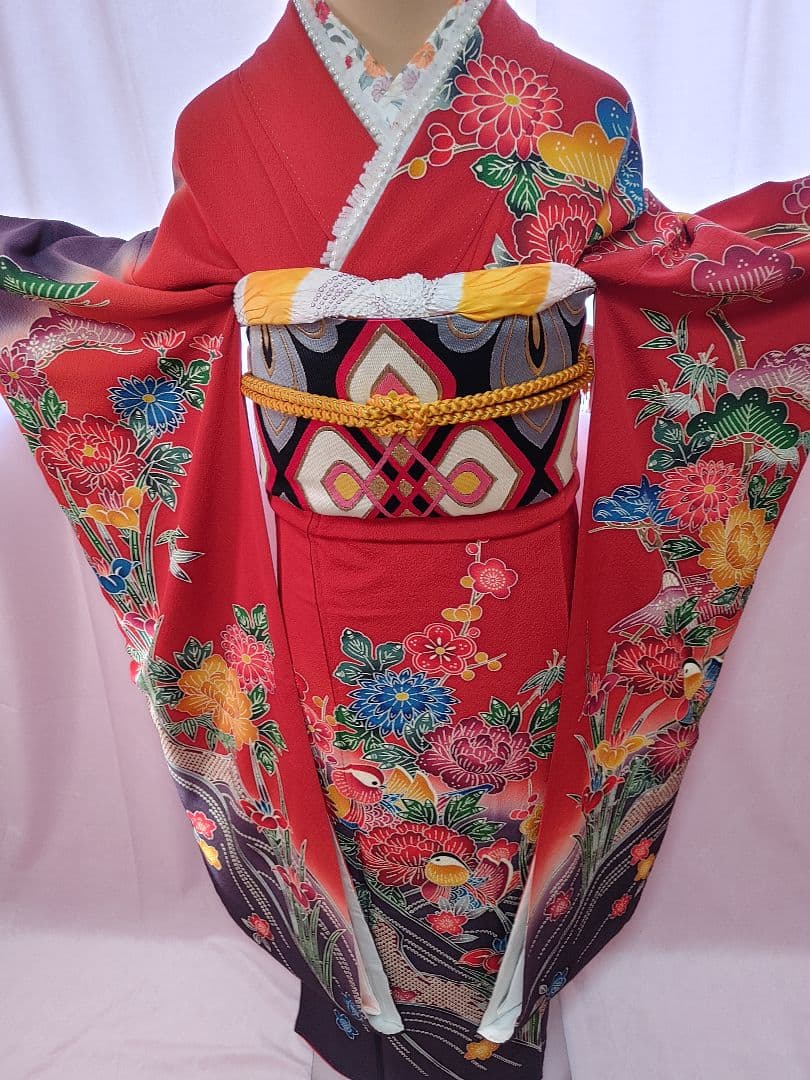振袖　袋帯　帯揚げ　帯締め　セット　赤　染め分け　草花
