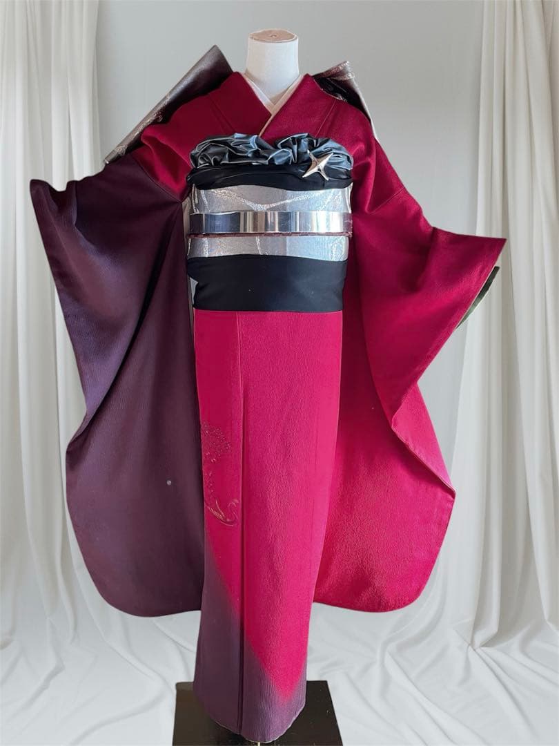 山本寛斎 染め分け ボルドー 振袖 フルセット ファーショール付き