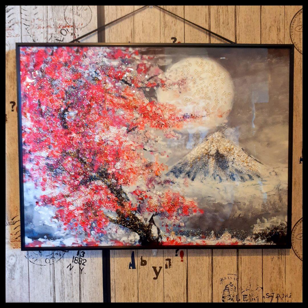 輸入雑貨　クリスタルアート　『月下の富士山と桜』　水晶石　フレーム付き