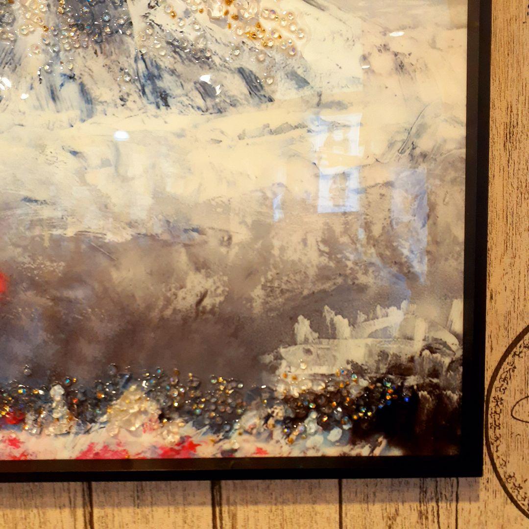 輸入雑貨　クリスタルアート　『月下の富士山と桜』　水晶石　フレーム付き