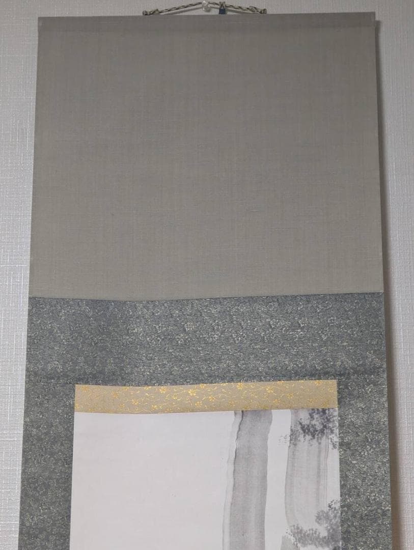 【真作】掛軸　尾竹国観　水墨画　瀧見図　仙人図　杖を持つ人物　合箱入　U67