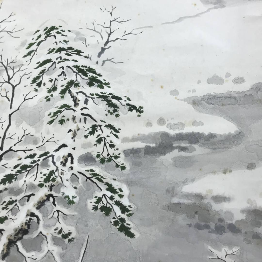 【真作】完/湖畔春雪図/雪景漁舟図/掛軸/名家伝来/AD-335