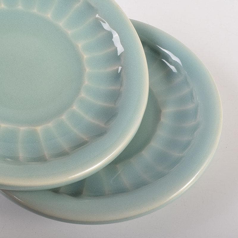 和食器　木野皿山窯　上田恒次作　青磁鎬手　銘々皿　7客　共箱　V　R7751
