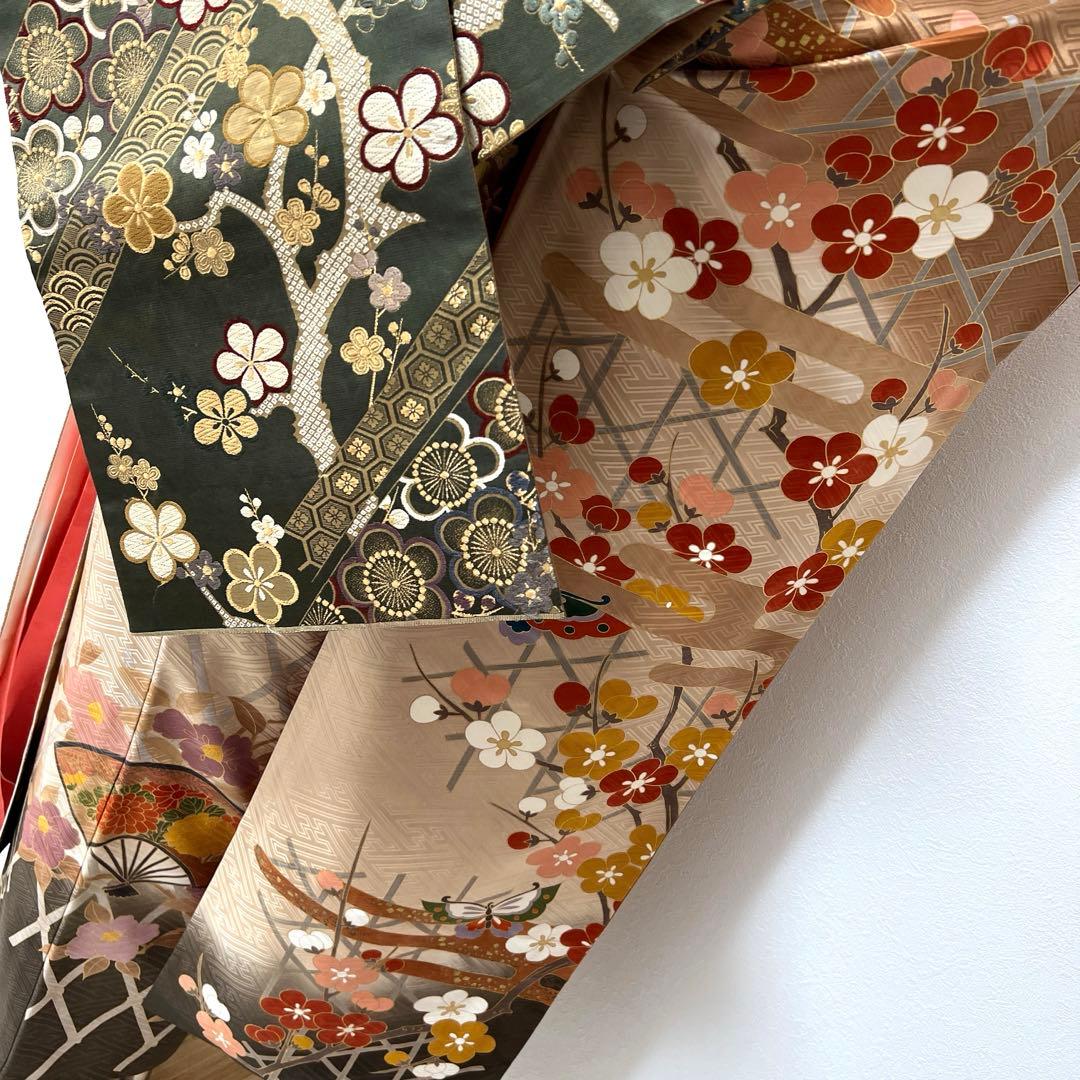 370 振袖フルセット 正絹 ベージュ 茶 金彩 駒刺繍 暈し染め アースカラー
