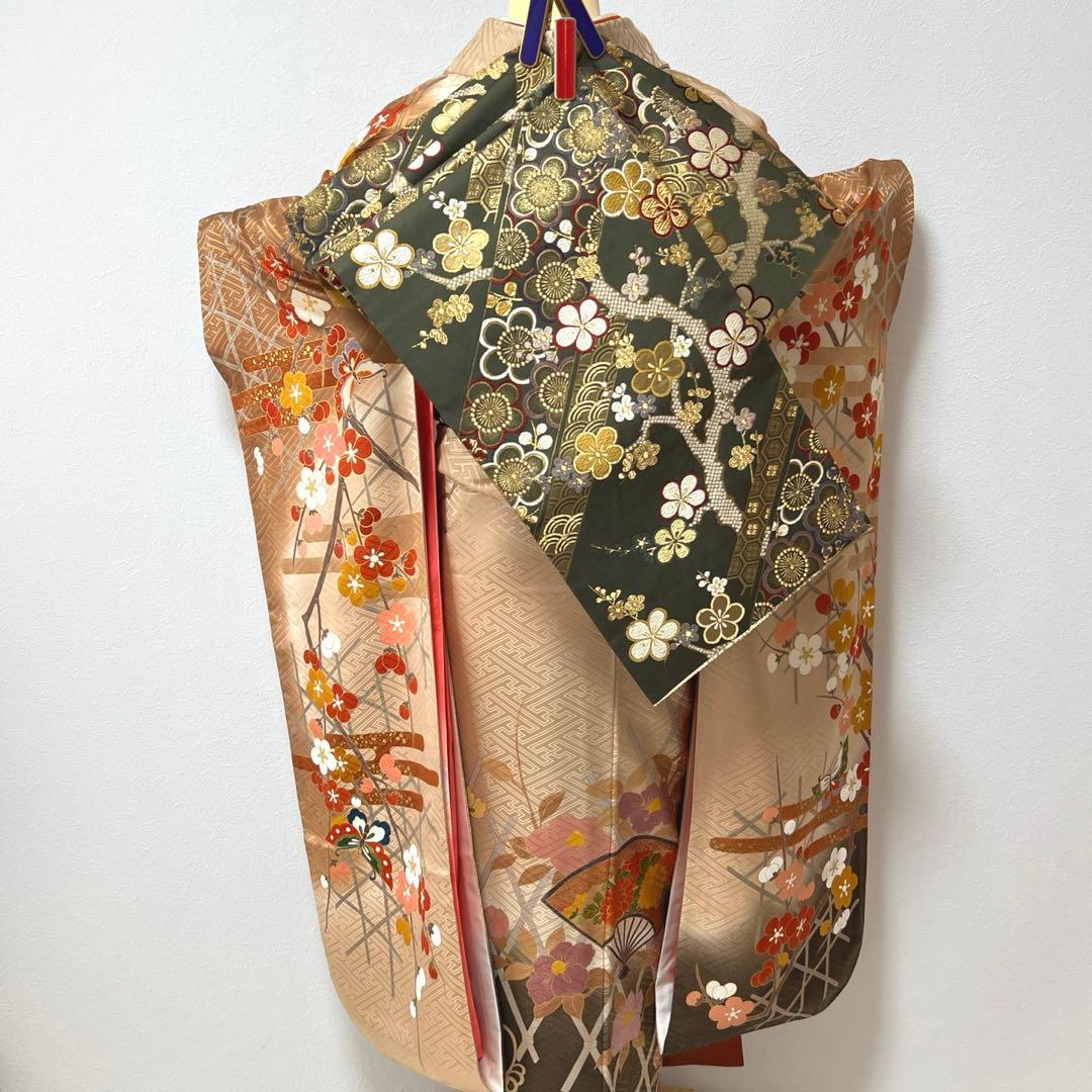 370 振袖フルセット 正絹 ベージュ 茶 金彩 駒刺繍 暈し染め アースカラー
