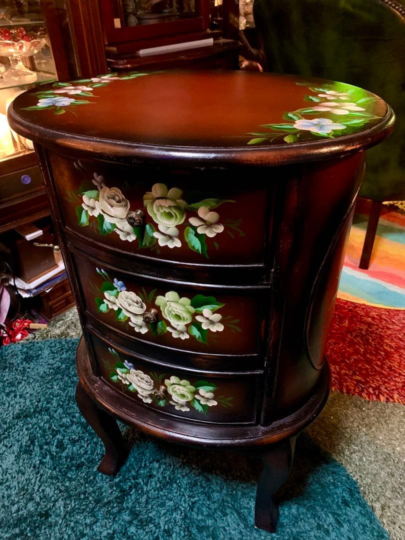 アンティークトールペイントチェスト猫脚花柄ペイント ロココ調サイドテーブル