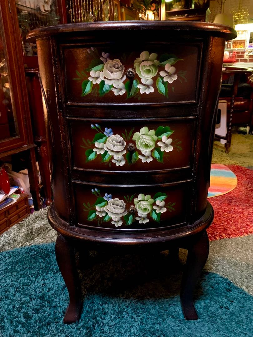 アンティークトールペイントチェスト猫脚花柄ペイント ロココ調サイドテーブル