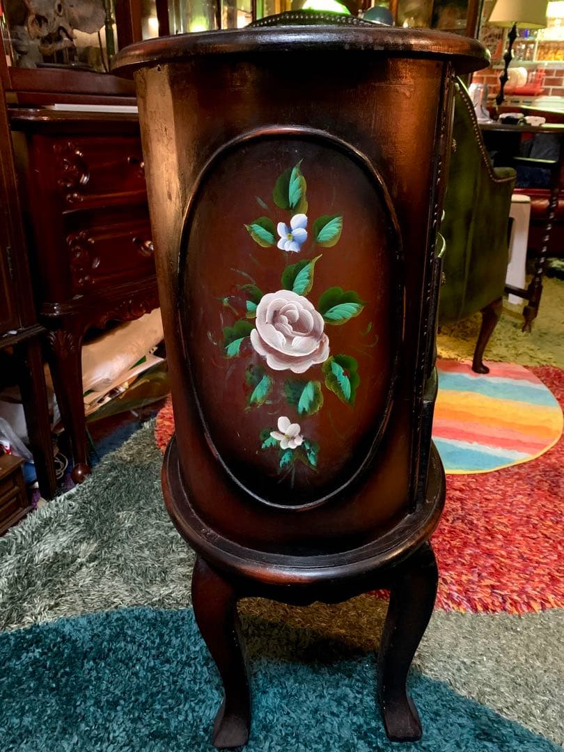 アンティークトールペイントチェスト猫脚花柄ペイント ロココ調サイドテーブル