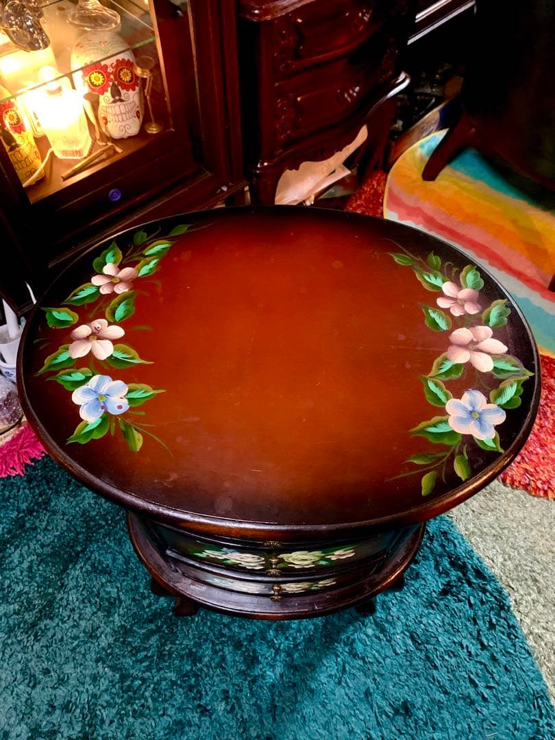 アンティークトールペイントチェスト猫脚花柄ペイント ロココ調サイドテーブル