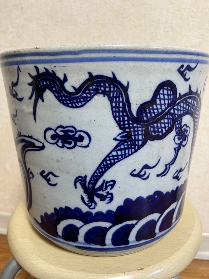 中国清代染付鉢　特大　香炉　筆立　昇龍　縁起物　運気上昇