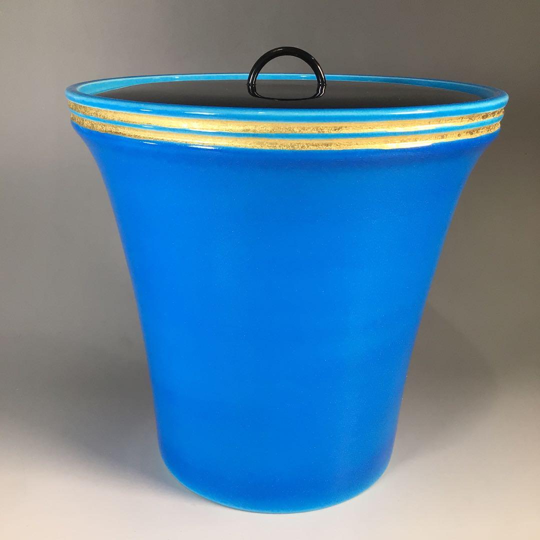 Ｎ６６５　水指　『平安　手塚祥堂造』『即中斎好写』『浅黄交趾』『末広水指』　共箱