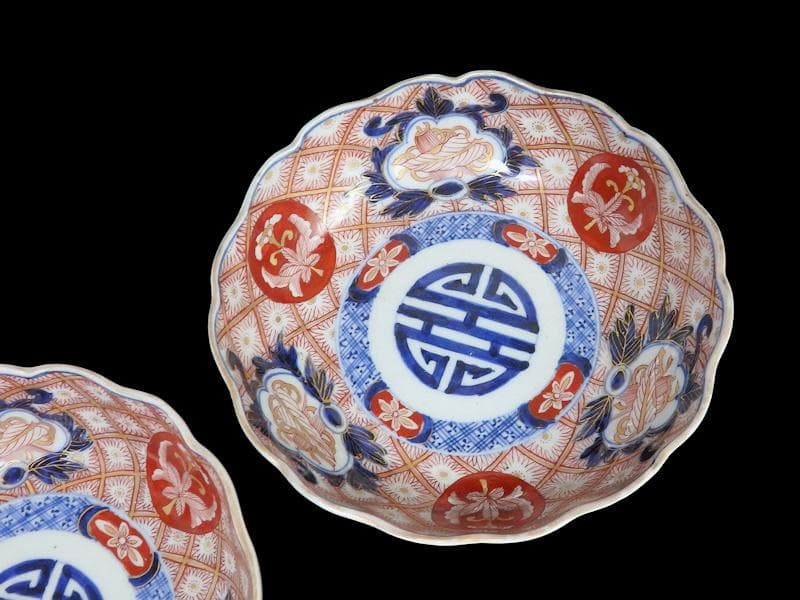 古伊万里　金襴手　菊花四方襷紋に吉祥紋の図　膾皿　2客　D960AS-fbtt