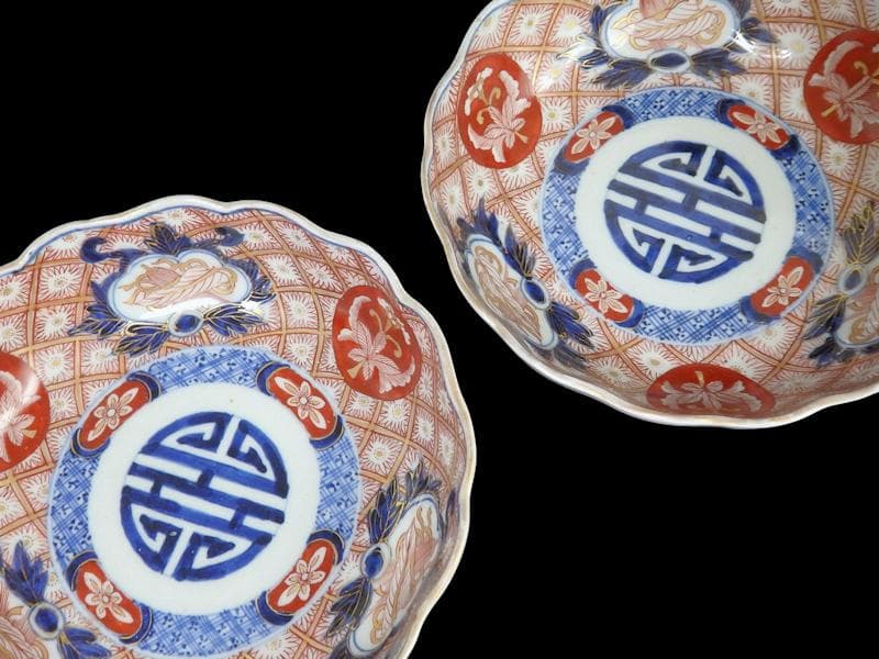 古伊万里　金襴手　菊花四方襷紋に吉祥紋の図　膾皿　2客　D960AS-fbtt