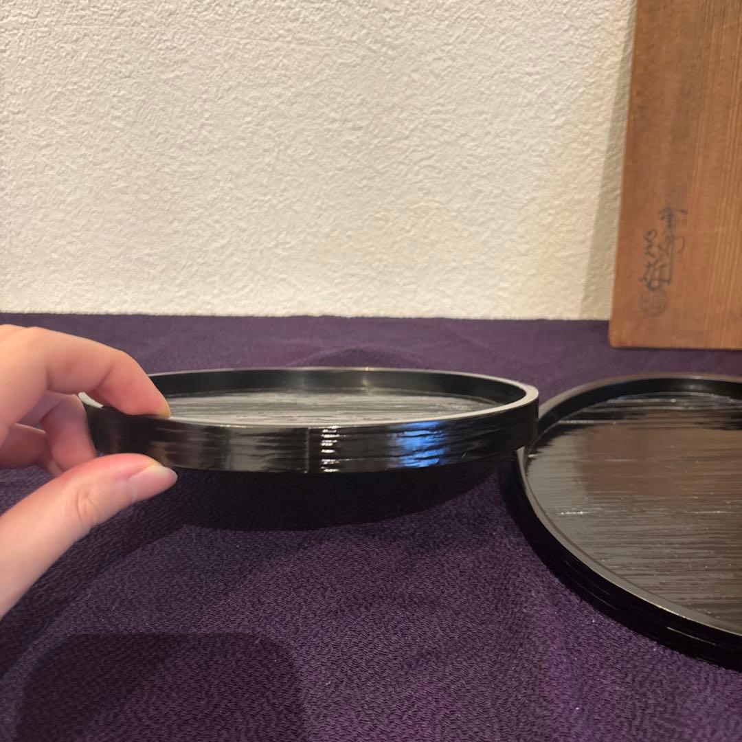 【茶道具】へぎ目丸盆　二枚組　塗師　中村宗哲造