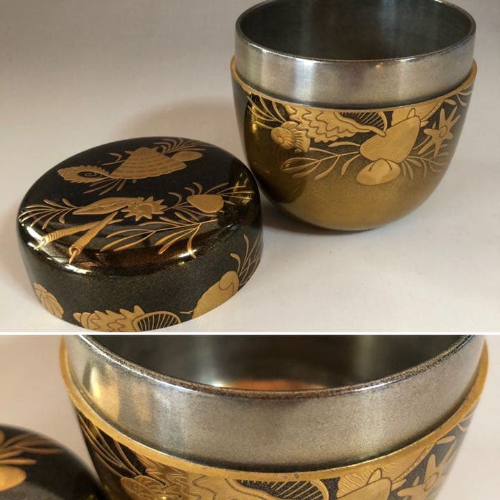 K678  配送料無料　金蒔絵棗　貝　松　木製　茶道具　漆器　内銀