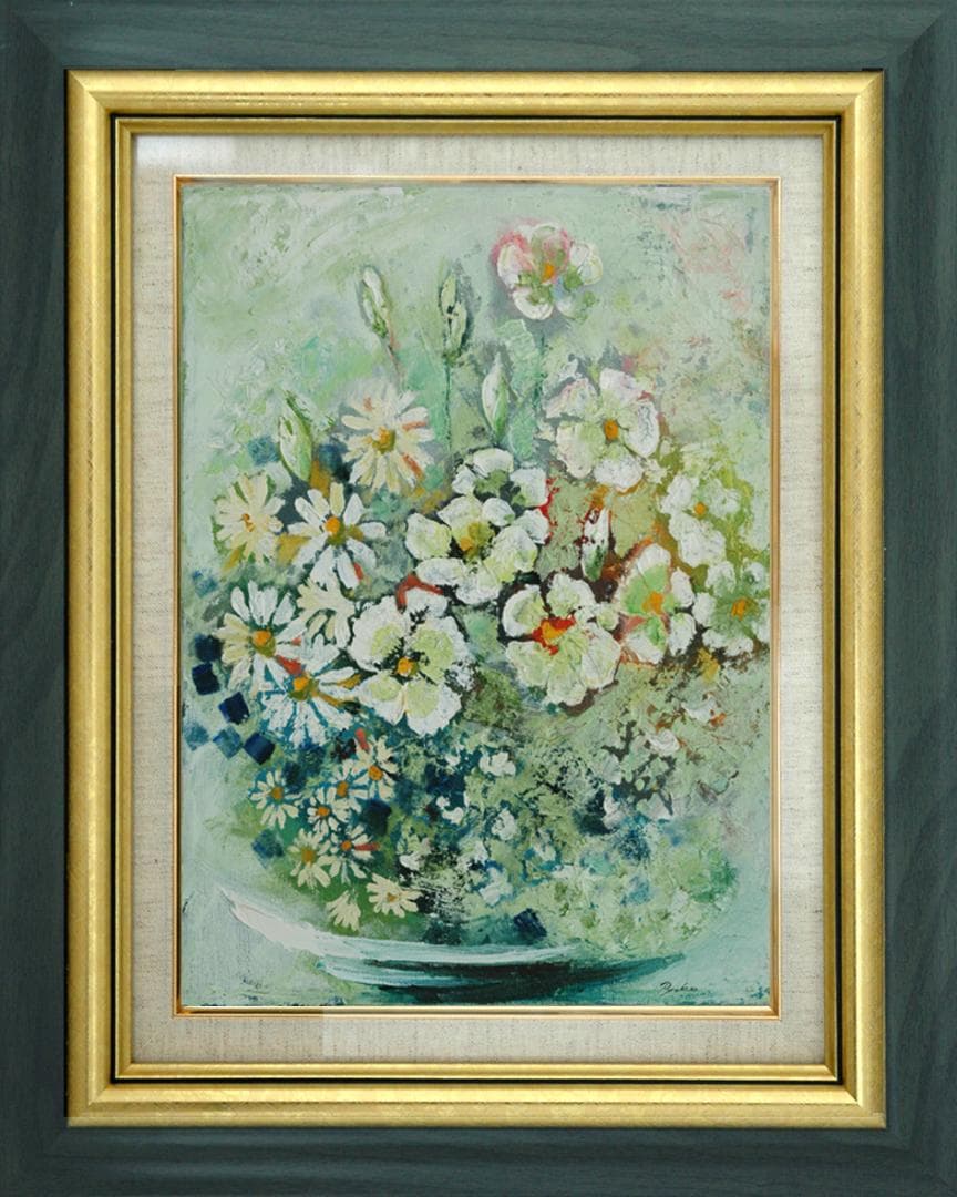 油絵 菅家令子 絵 絵画インテリア 額付(青緑＋金色の枠)uF6-112802花