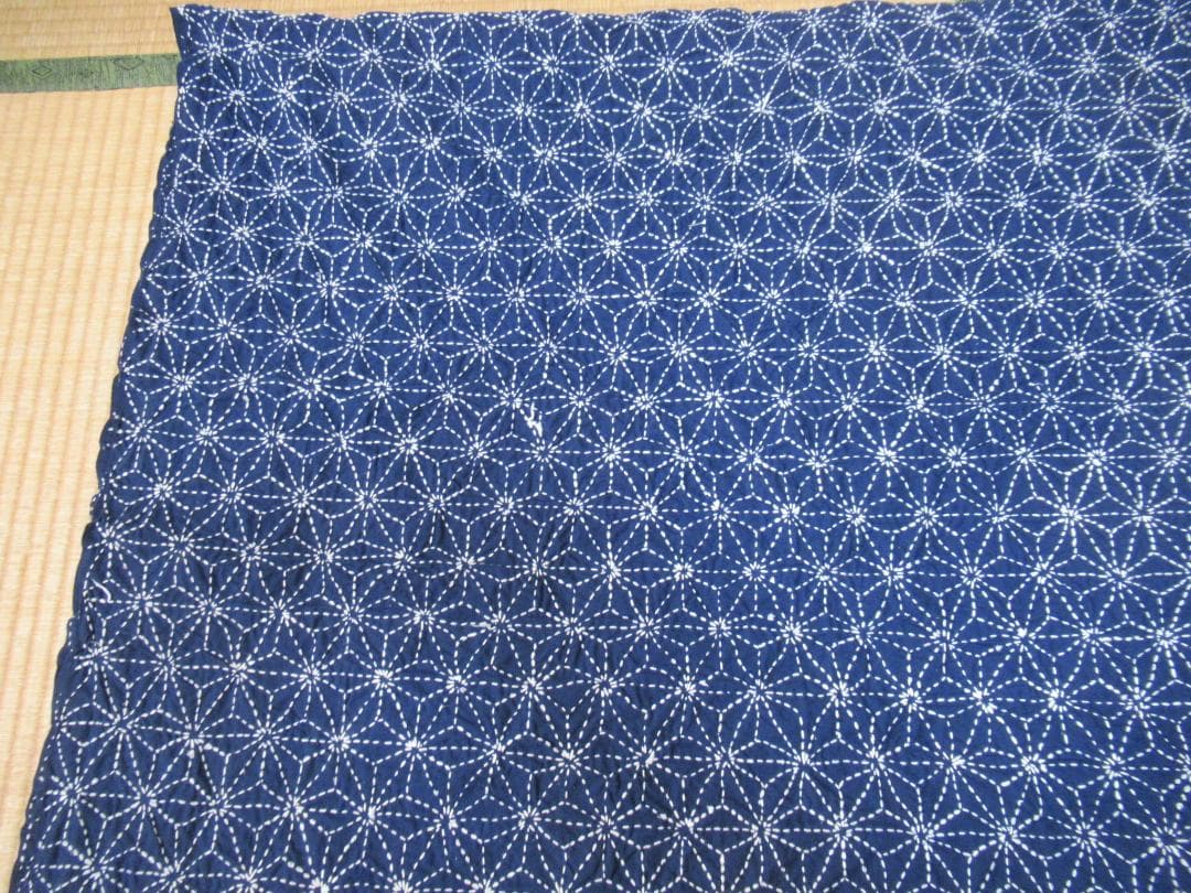 未使用1940年頃◆縦長4m34cm、横1m6cm 木綿藍染『麻の葉模様』刺し子