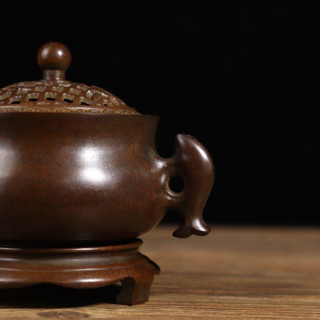 銅製 双魚耳香炉 室内盤香炉 茶道香り炉 香道具 工芸品 置物
