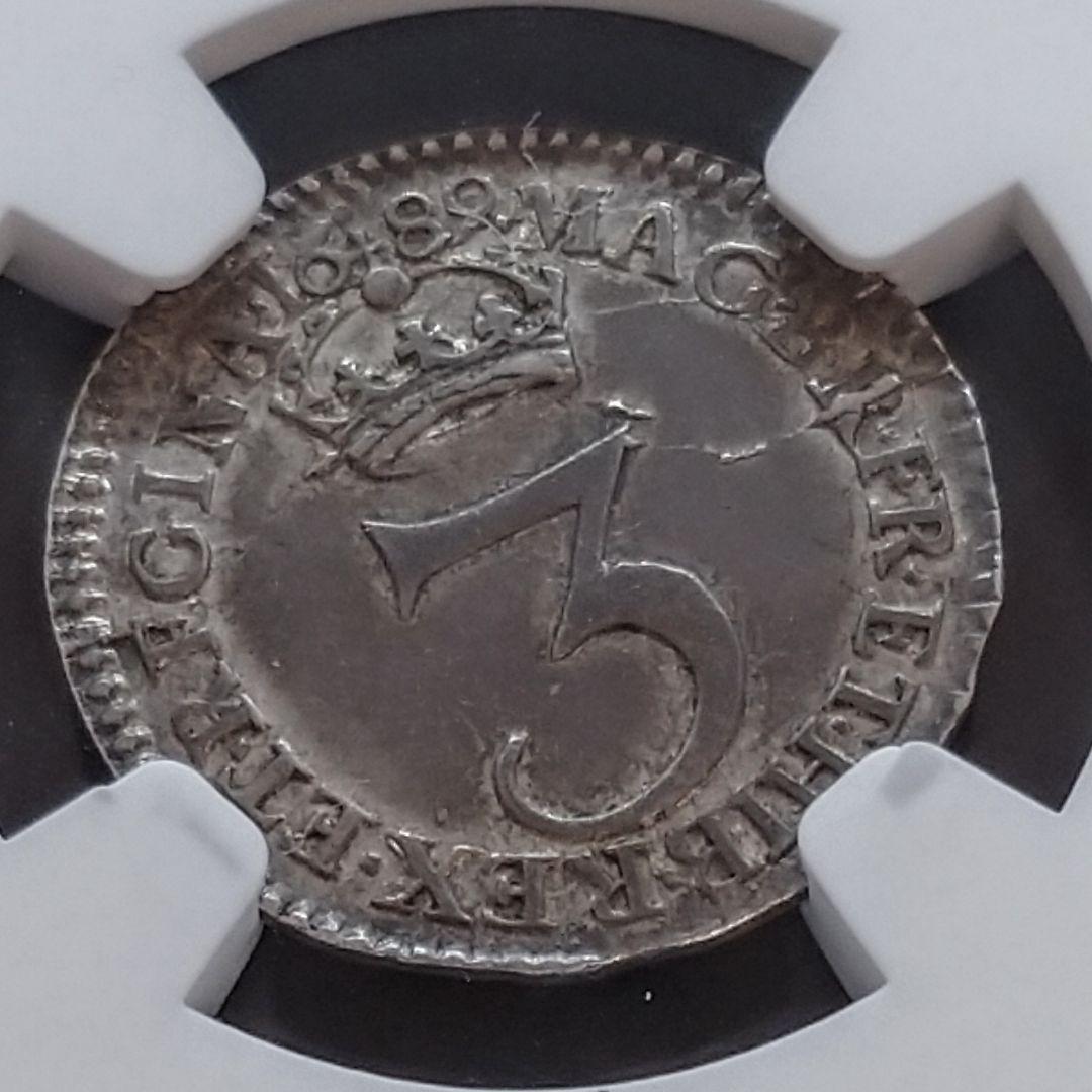 1689年 イギリス 銀貨 3ペンス NGC鑑定 名誉革命 アンティーク