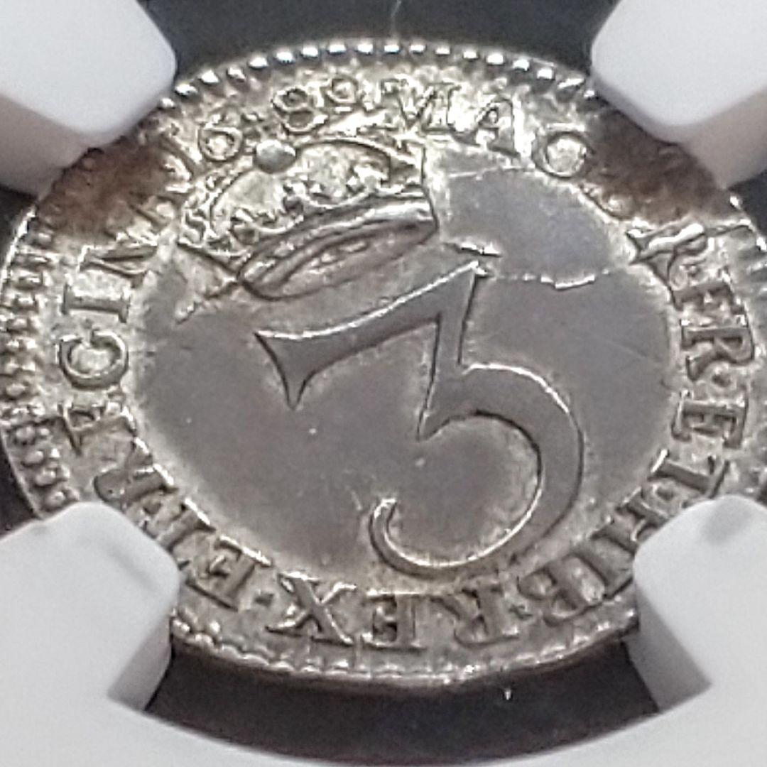 1689年 イギリス 銀貨 3ペンス NGC鑑定 名誉革命 アンティーク