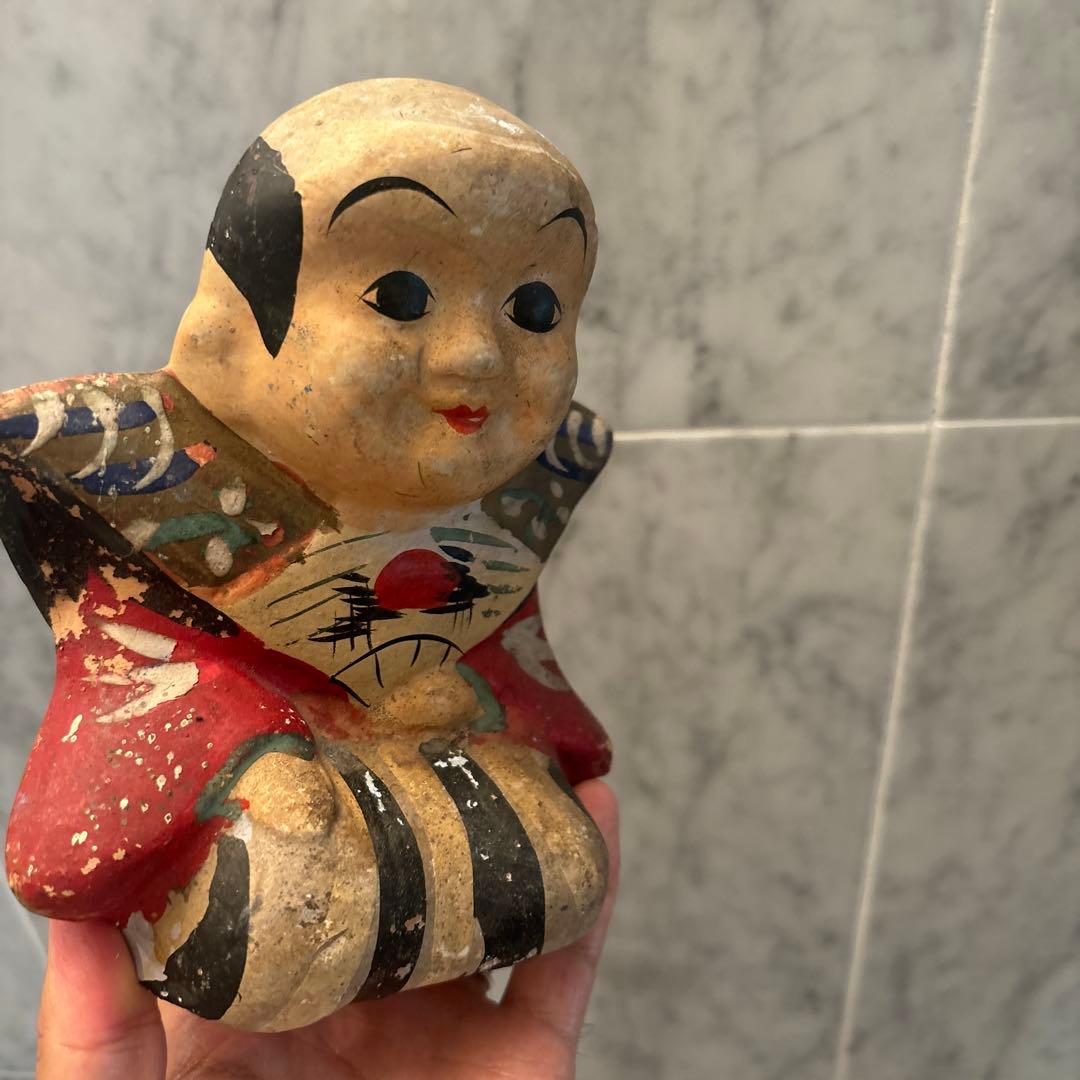 アンティーク約100年前瞳やおでこ、笑顔が美しく着物が素敵な金運、幸福を招く福助