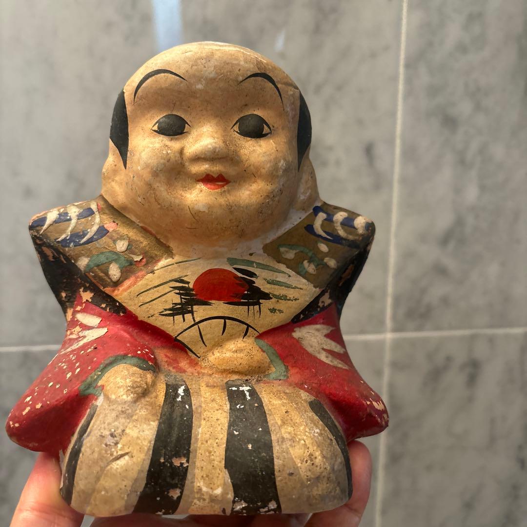 アンティーク約100年前瞳やおでこ、笑顔が美しく着物が素敵な金運、幸福を招く福助