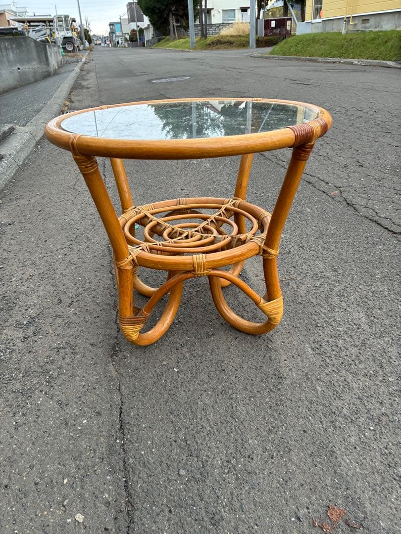当時物◆昭和オールドラタン　籐家具　テーブル　ナチュラル　北欧インテリア