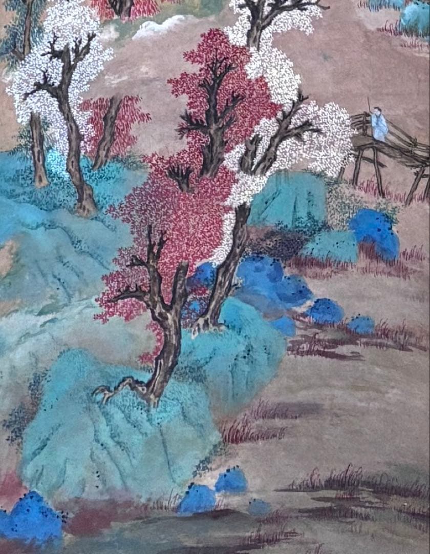 水墨画　掛け軸　白雲紅樹 謝陽画　山水　中国　張大千大風堂　カラー　箱付