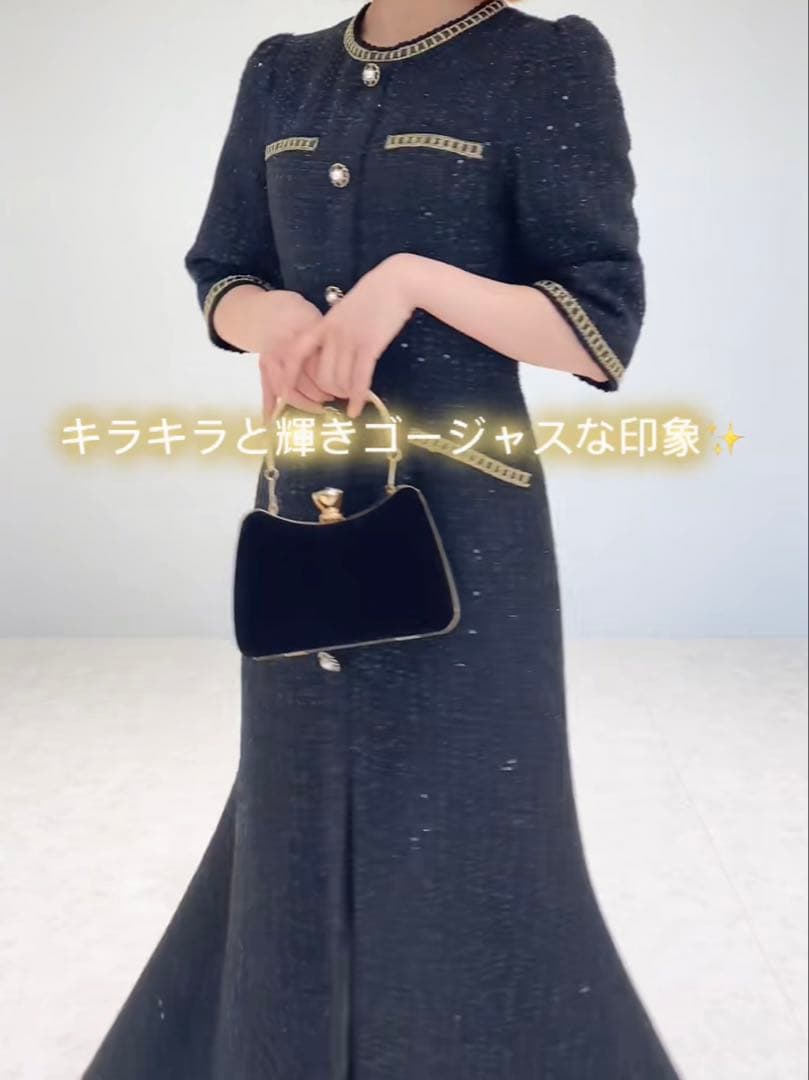 値下げ中❗️LEJA ラメツイードレザーパイピングパールマーメイドワンピースドレス