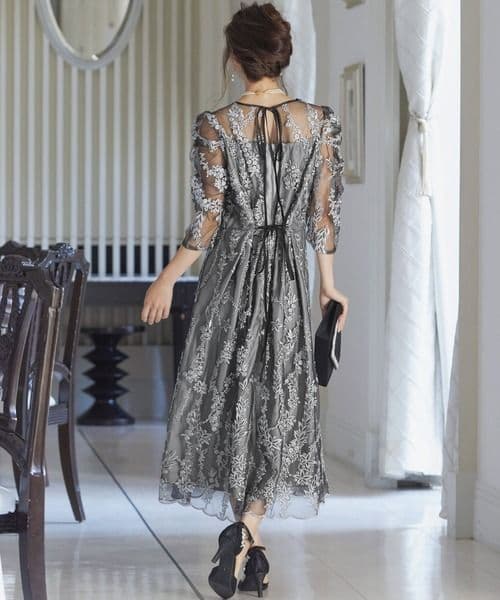 【niana】刺繡レース バックリボン パーティードレス 結婚式 オケージョン