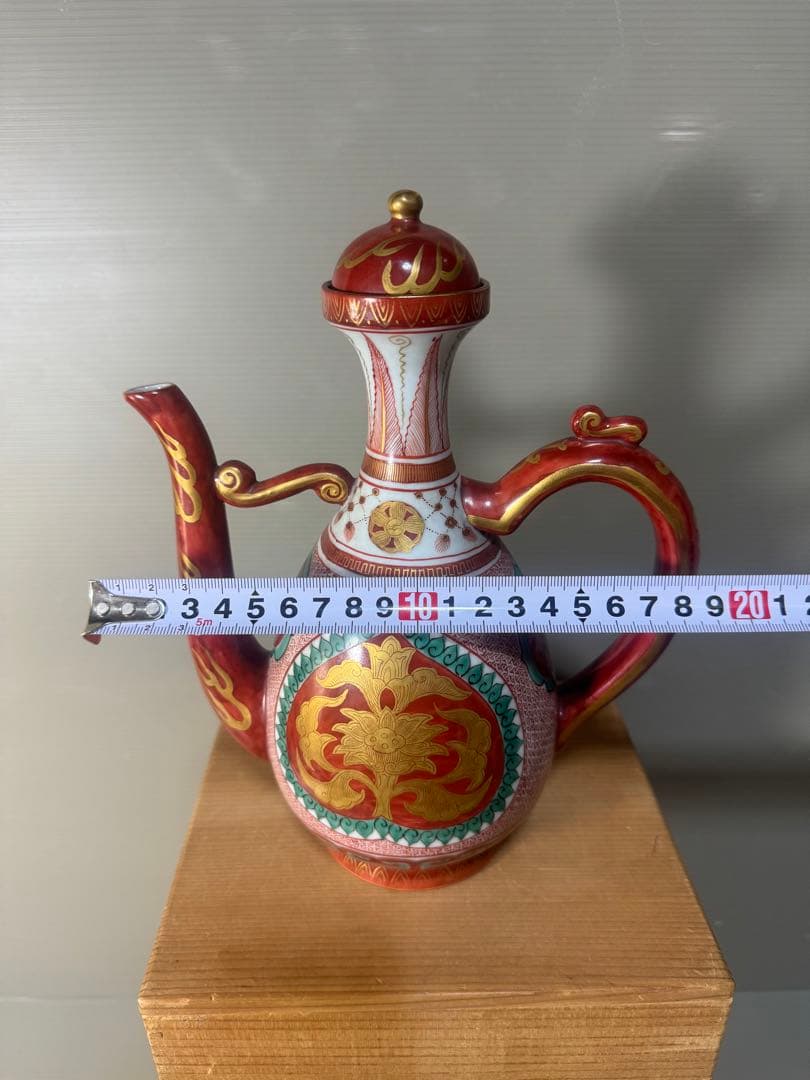 2642 九谷焼 角福　赤絵 金蘭手 仙盞瓶　酒器　時代物