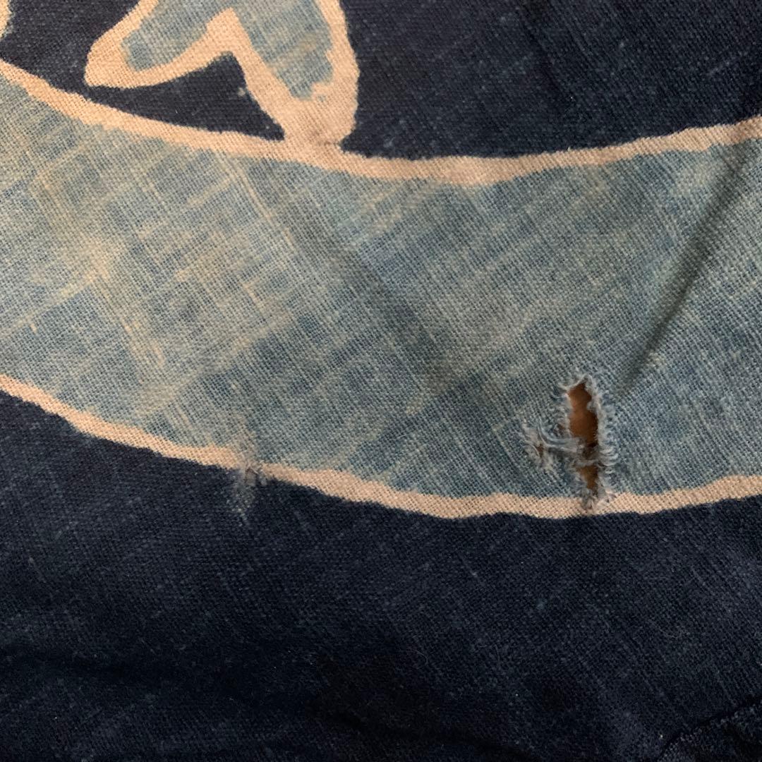 特大！　古布　筒描き　藍染　蝶　浅葱色　幅4枚　丸に揚羽蝶