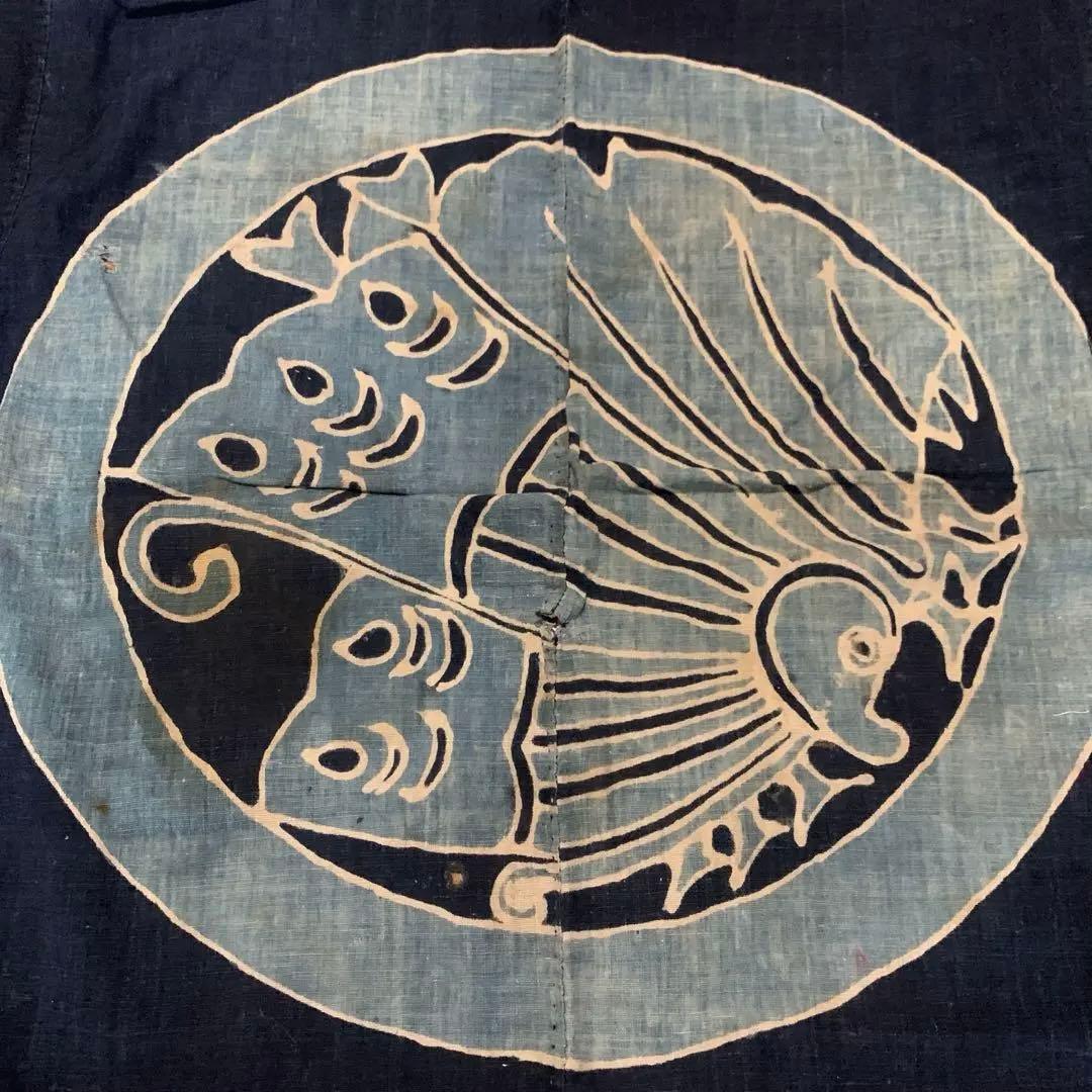 特大！　古布　筒描き　藍染　蝶　浅葱色　幅4枚　丸に揚羽蝶