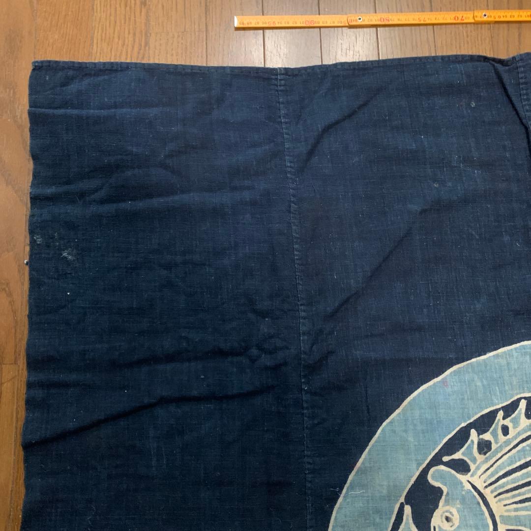 特大！　古布　筒描き　藍染　蝶　浅葱色　幅4枚　丸に揚羽蝶