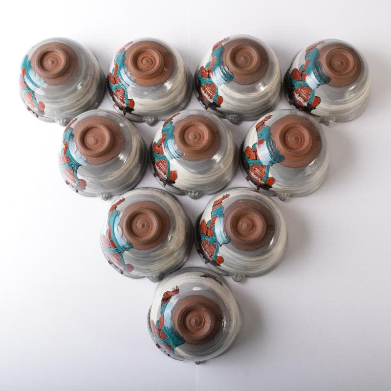 茶道具　萩焼　色絵金彩　鬼図福字　数茶碗　三十一客　在銘　V　7696A