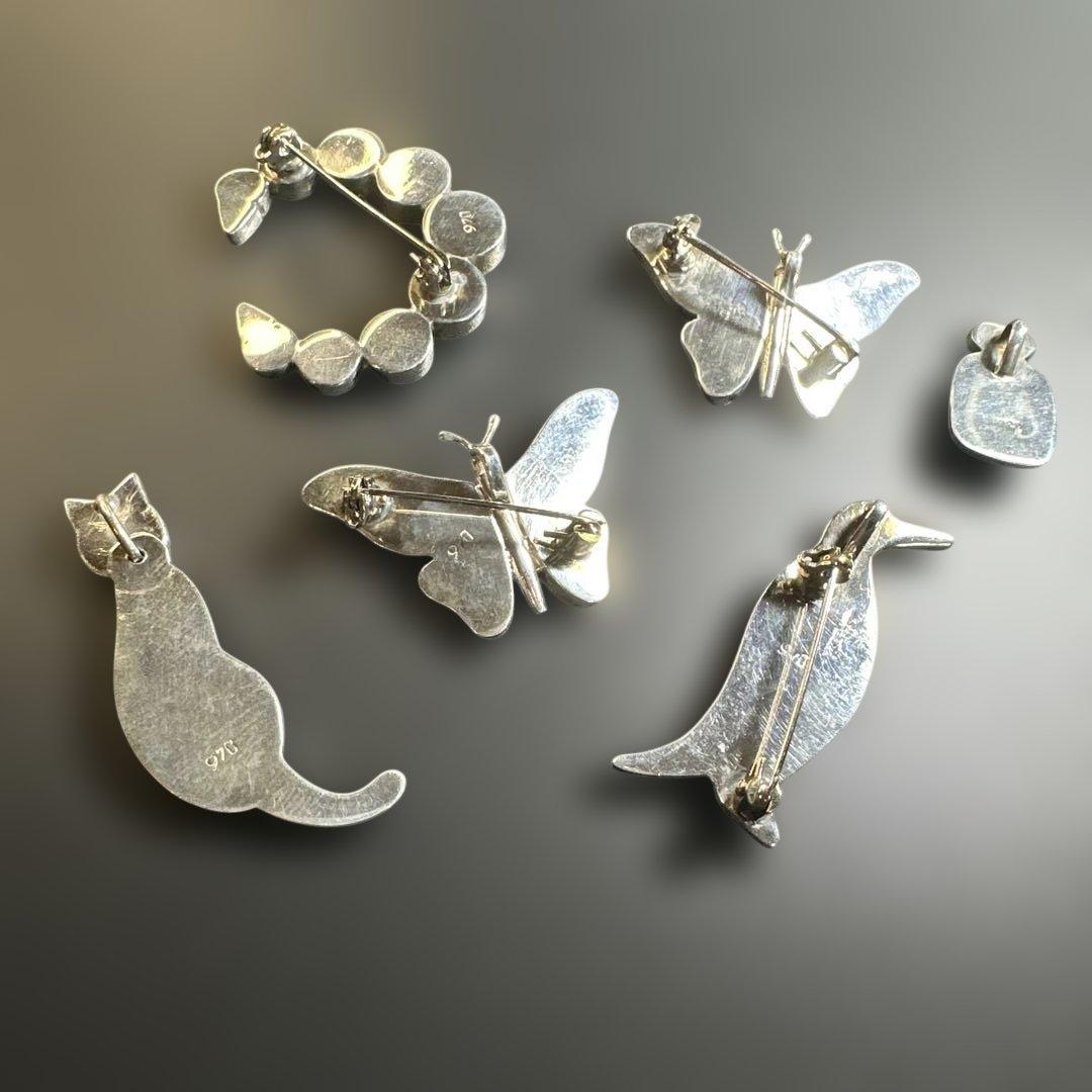 猫　ペンギン　蝶　シルバー970 ラピス　マラカイト　ブローチ他　2way