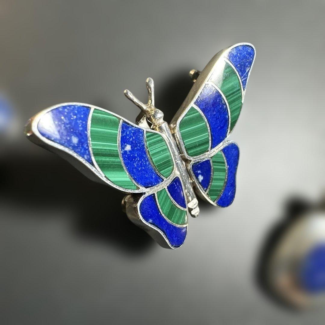 猫　ペンギン　蝶　シルバー970 ラピス　マラカイト　ブローチ他　2way