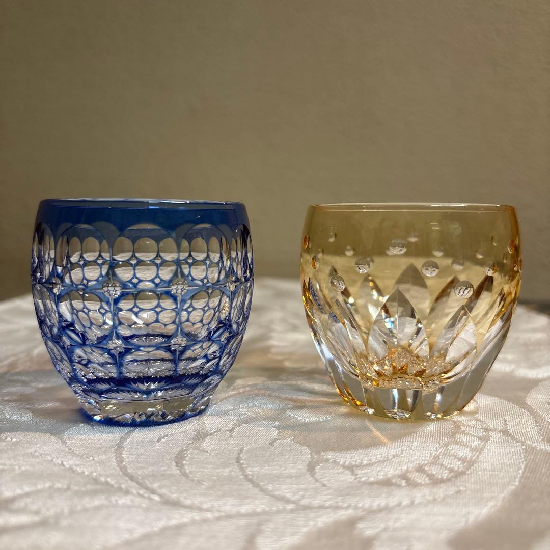 江戸切子　カガミクリスタル　冷酒杯　「紫陽花」「向日葵」 鍋谷聡作　伝統工芸品