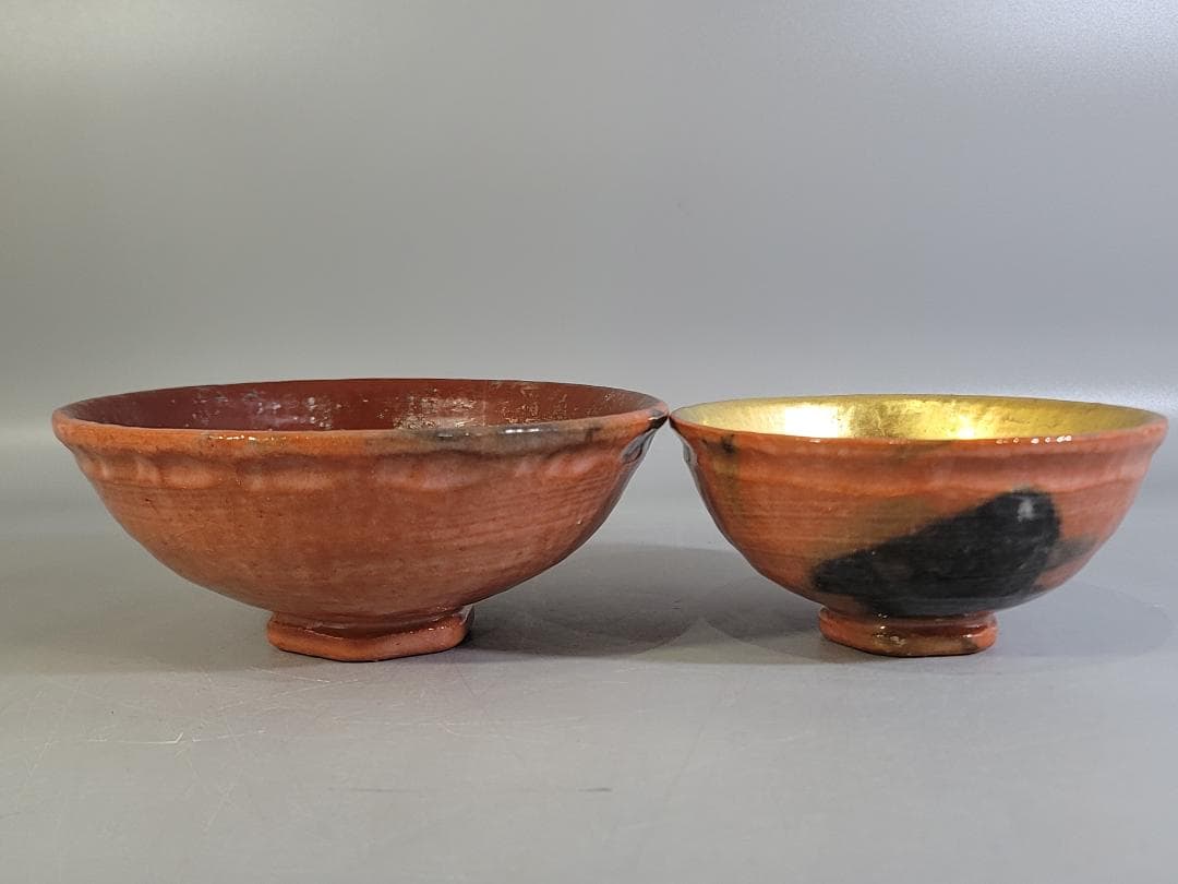 【極美品】嶋台茶碗　赤楽金銀一双 　　　　川崎和楽造