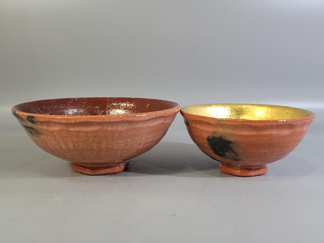 【極美品】嶋台茶碗　赤楽金銀一双 　　　　川崎和楽造
