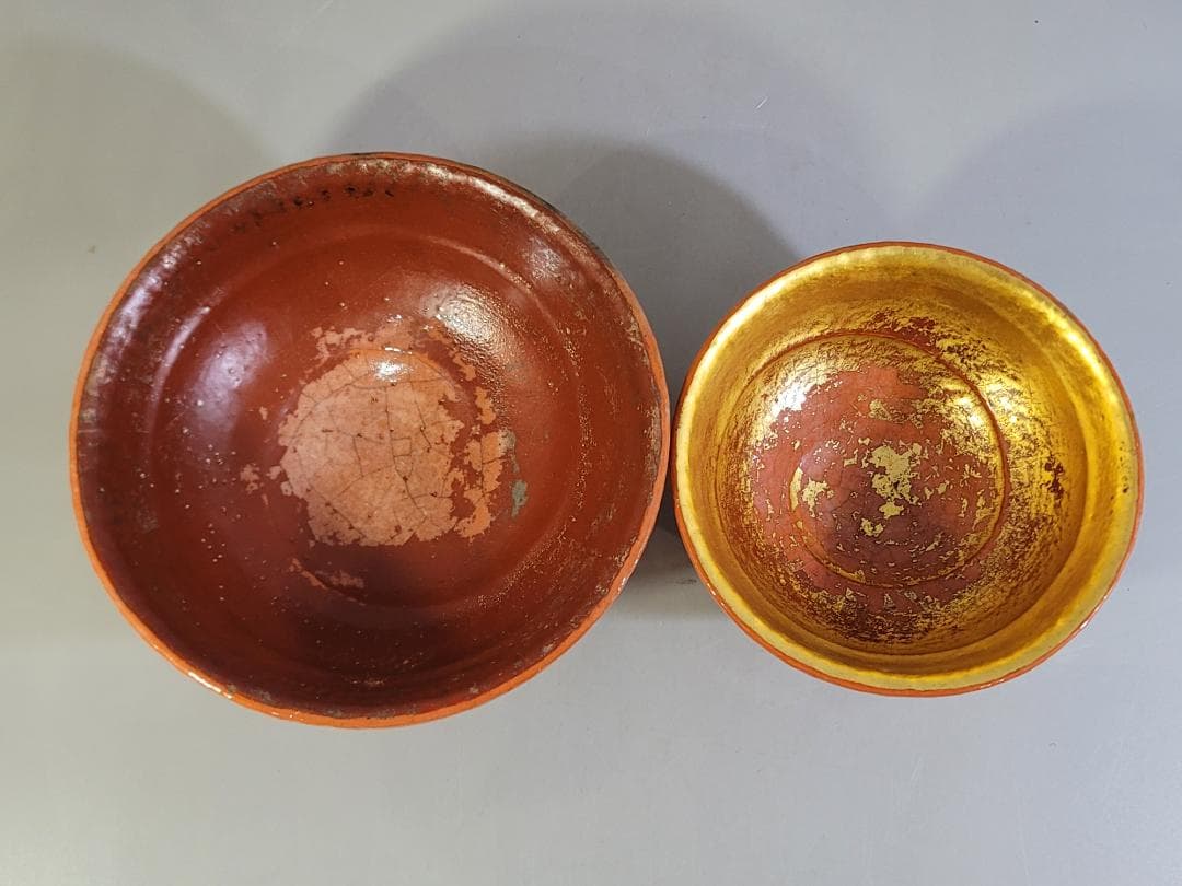 【極美品】嶋台茶碗　赤楽金銀一双 　　　　川崎和楽造