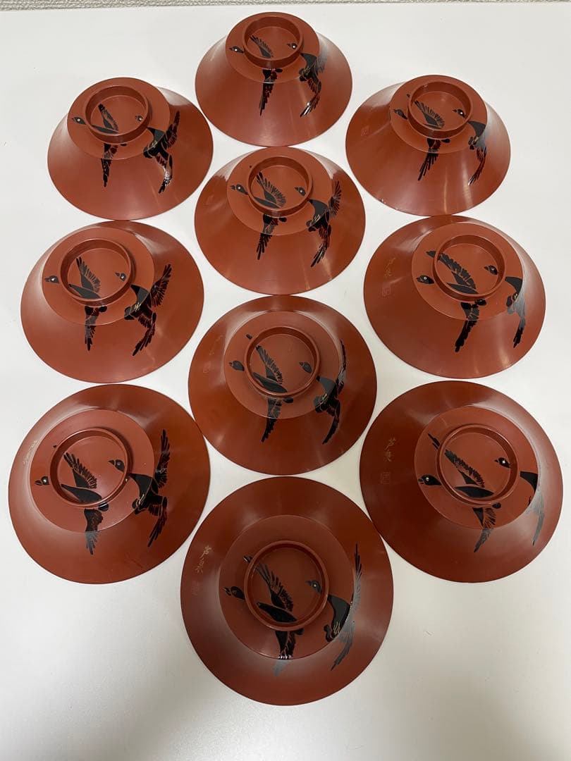 漆器 懐石道具 芦泉謹製 木製溜塗 雑煮椀 吸物椀 10客揃 内朱 鶴 鳥柄