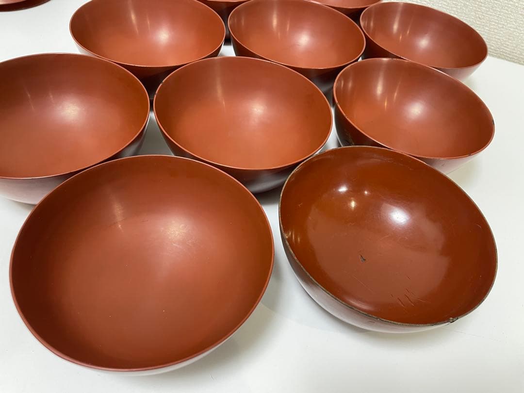 漆器 懐石道具 芦泉謹製 木製溜塗 雑煮椀 吸物椀 10客揃 内朱 鶴 鳥柄