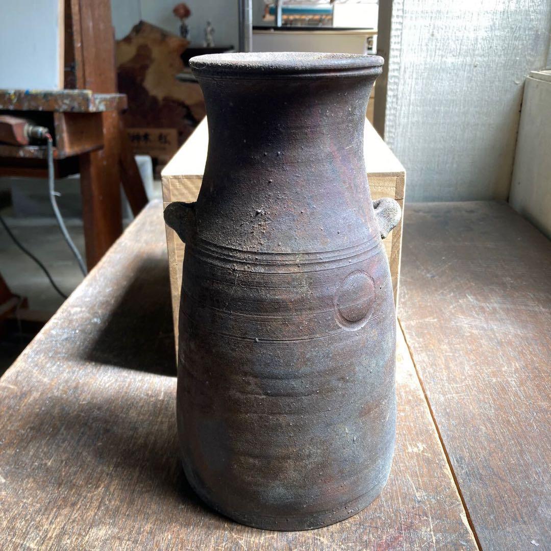 岩手県 藤沢焼 藤沢南蛮 粉香木 耳付花生 銘あり 自然釉 花瓶 花入 共箱付き