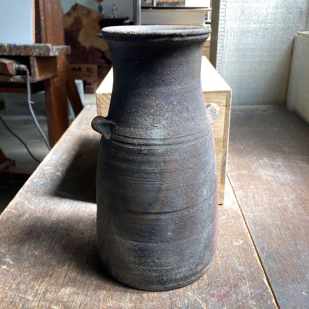 岩手県 藤沢焼 藤沢南蛮 粉香木 耳付花生 銘あり 自然釉 花瓶 花入 共箱付き